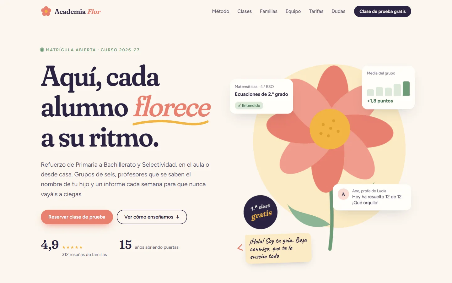 Portada de Academia Flor: una flor ilustrada y el titular «Aquí, cada alumno florece a su ritmo»