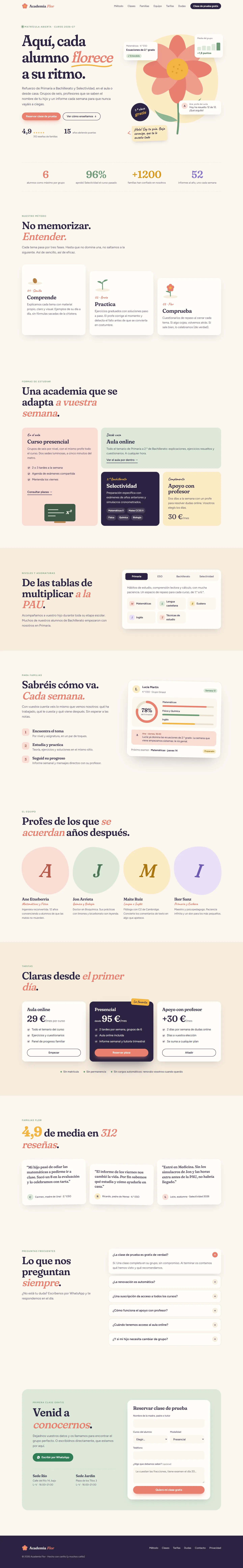 Página de inicio de Academia Flor completa: método, clases, niveles, panel para familias, equipo, tarifas, opiniones, preguntas y contacto