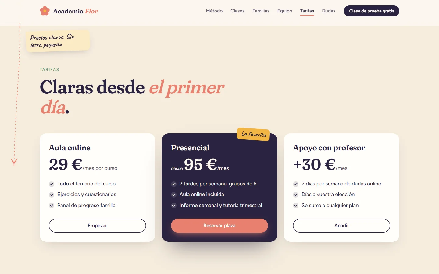 Tres tarifas: aula online, presencial y apoyo con profesor