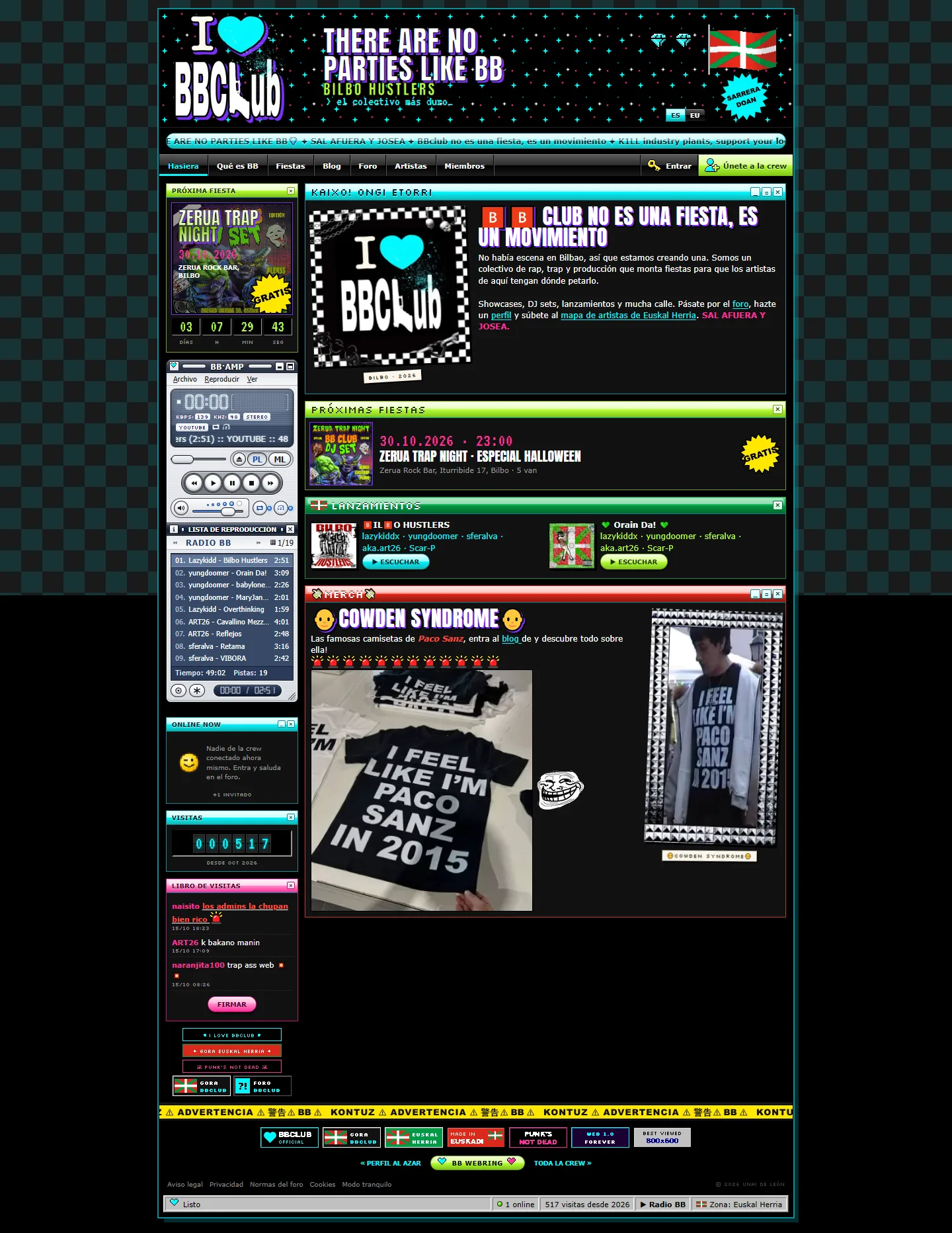 Página de inicio de BB Club completa: próxima fiesta, radio BB·AMP, lanzamientos y merch
