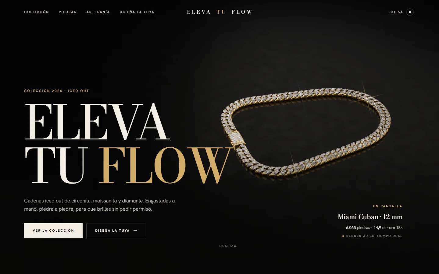 Eleva Tu Flow: una cadena Miami Cuban en 3D sobre fondo negro