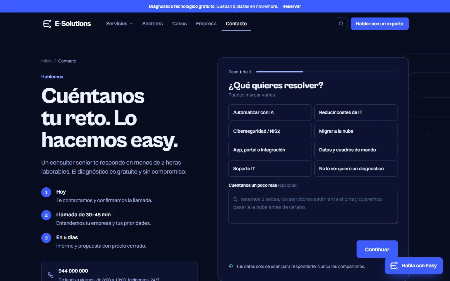 Contacto en tres pasos: qué quieres resolver, con opciones para marcar