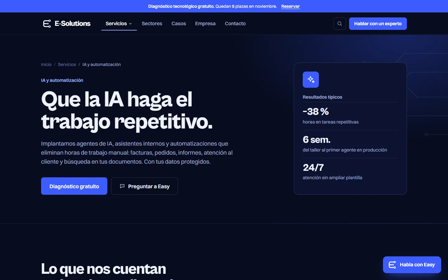 Página del servicio de IA y automatización con sus resultados típicos