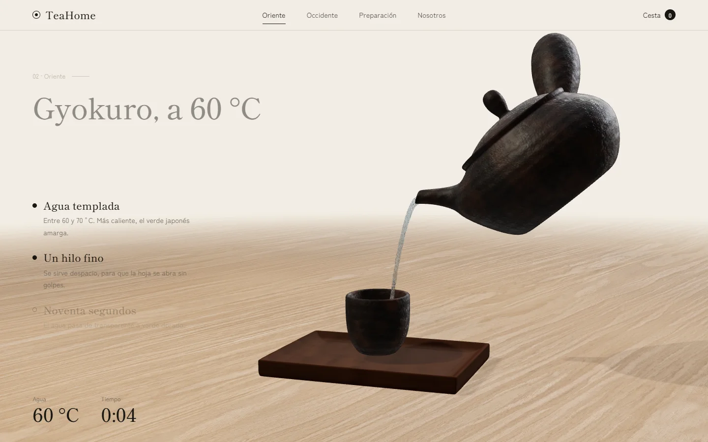 La kyusu vierte agua a 60 °C en una taza sobre la bandeja, con la temperatura y el tiempo